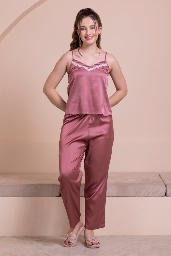 Private Lives Rose Satin Pj Set With Intricate Lace