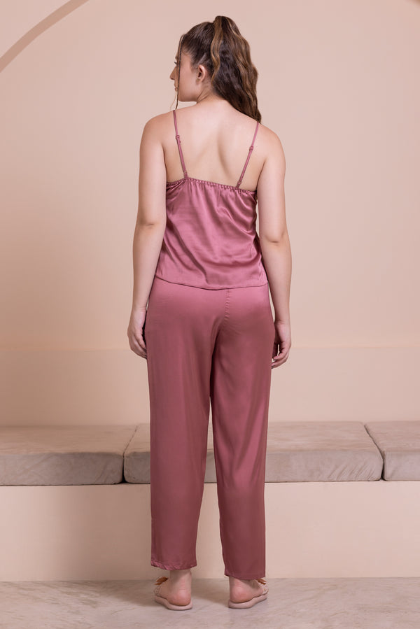 Private Lives Rose Satin Pj Set With Intricate Lace