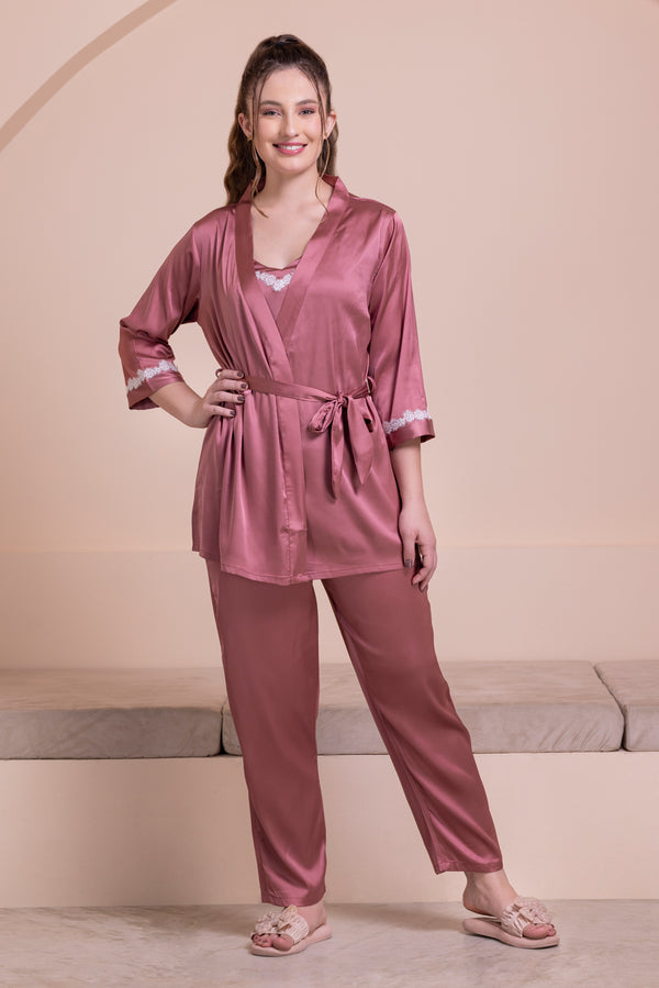 Private Lives Rose Satin Pj Set With Intricate Lace