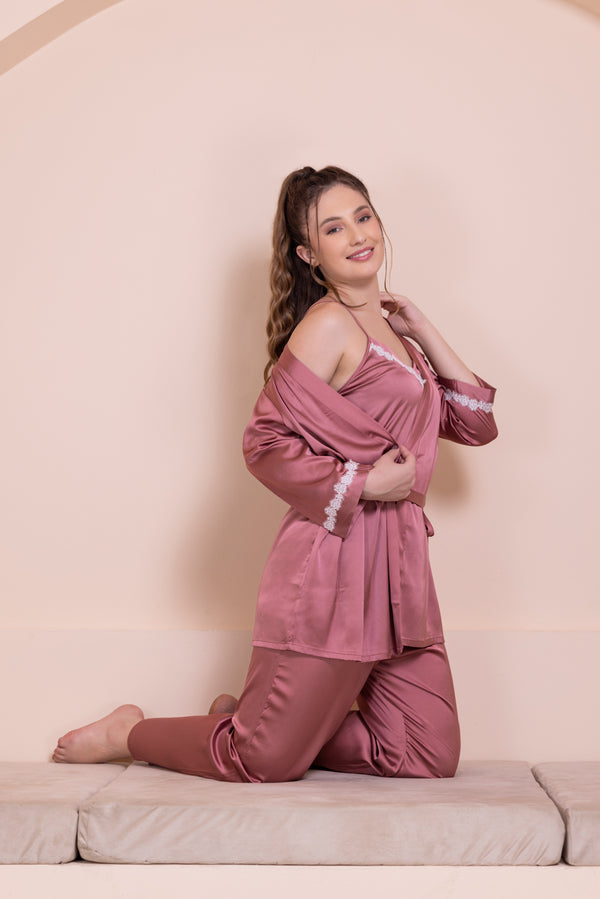 private lives Rose Satin Pj set with intricate lace