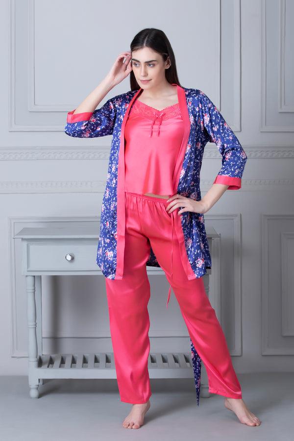 Private Lives Satin Night Suit With Floral Robe Blue