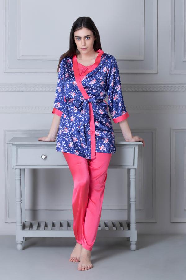 Private Lives Satin Night Suit With Floral Robe Blue