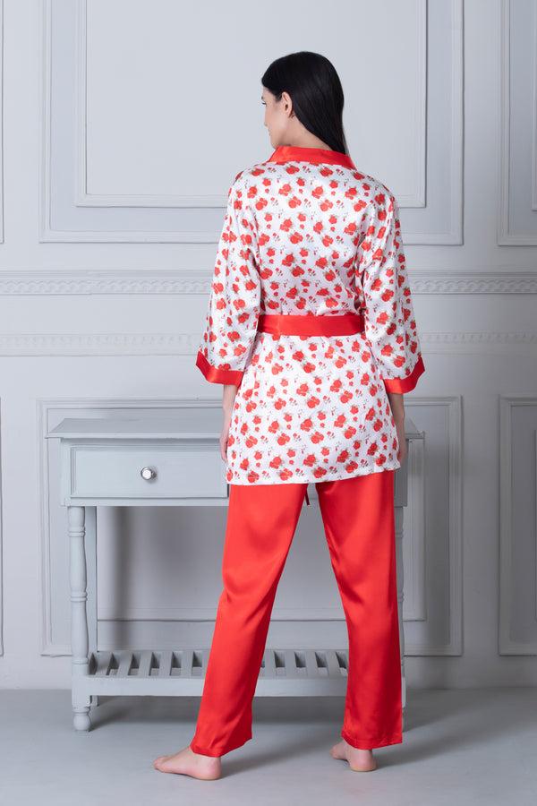 Private Lives Satin Night Suit With Floral Robe Red & White
