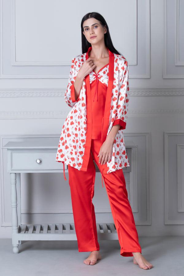 private lives Satin Night suit with floral Robe Red & White