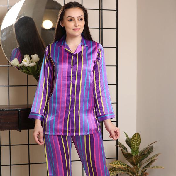 Private Lives Satin Stripe Classic Collar Night Suit