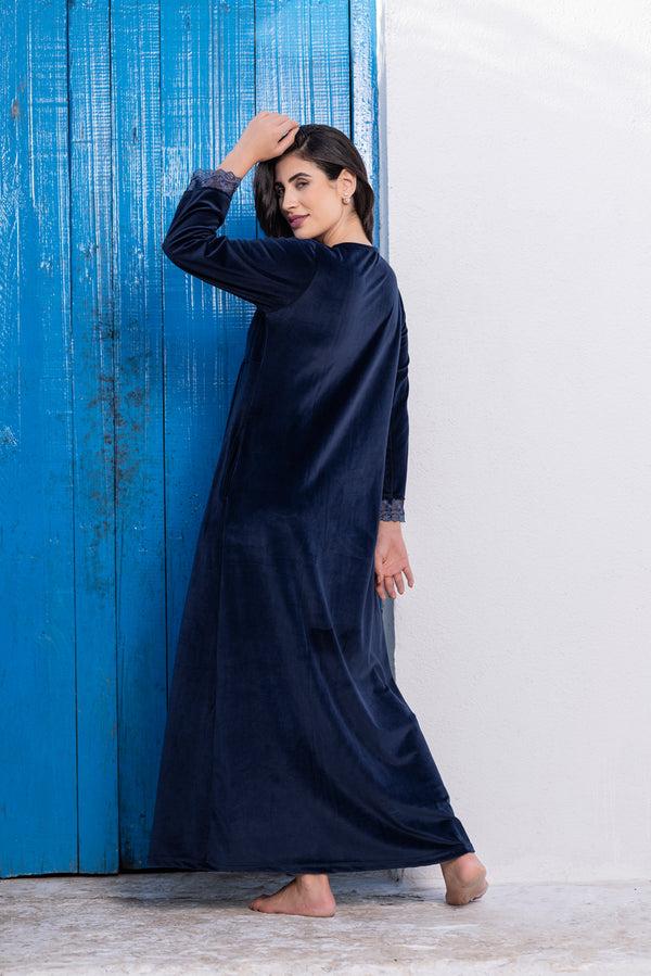 Private Lives Soft & Cozy Blue Velvet Nighty With Lace Trims