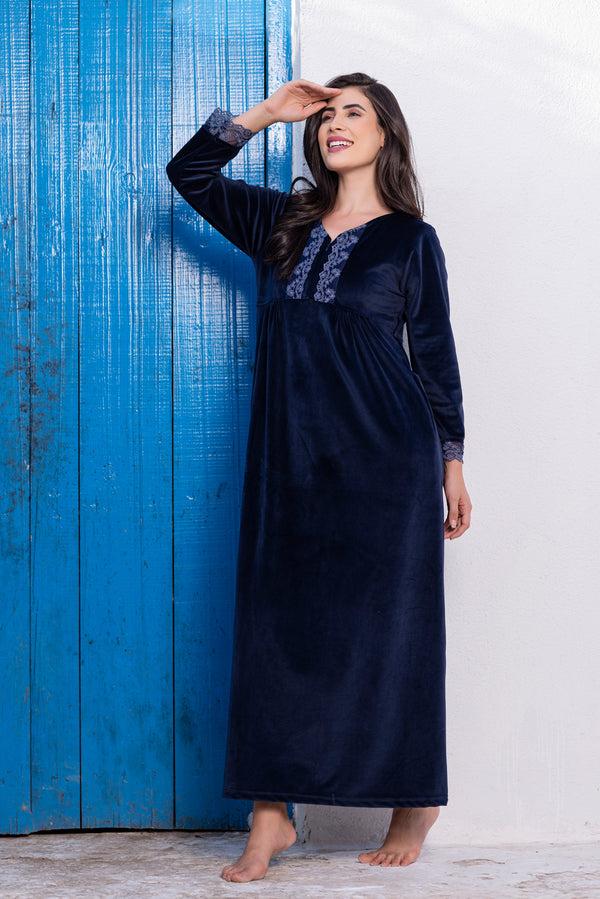 private lives Soft & Cozy Blue Velvet Nighty with lace trims