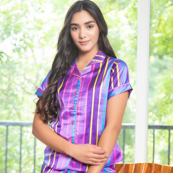 Private Lives Stripe Satin Classic Collar Night Suit