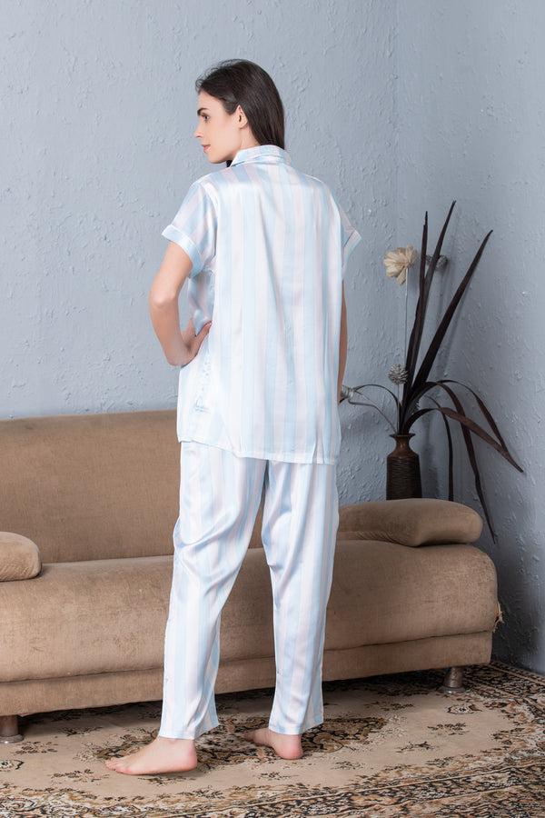 Private Lives Stripe Satin Classic Collar Night Suit Sky Blue