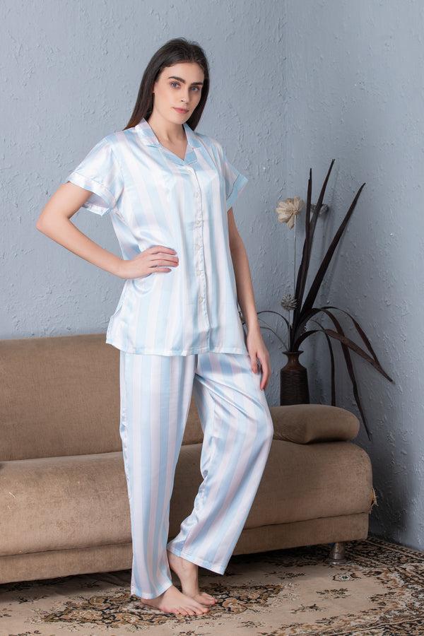 Private Lives Stripe Satin Classic Collar Night Suit Sky Blue