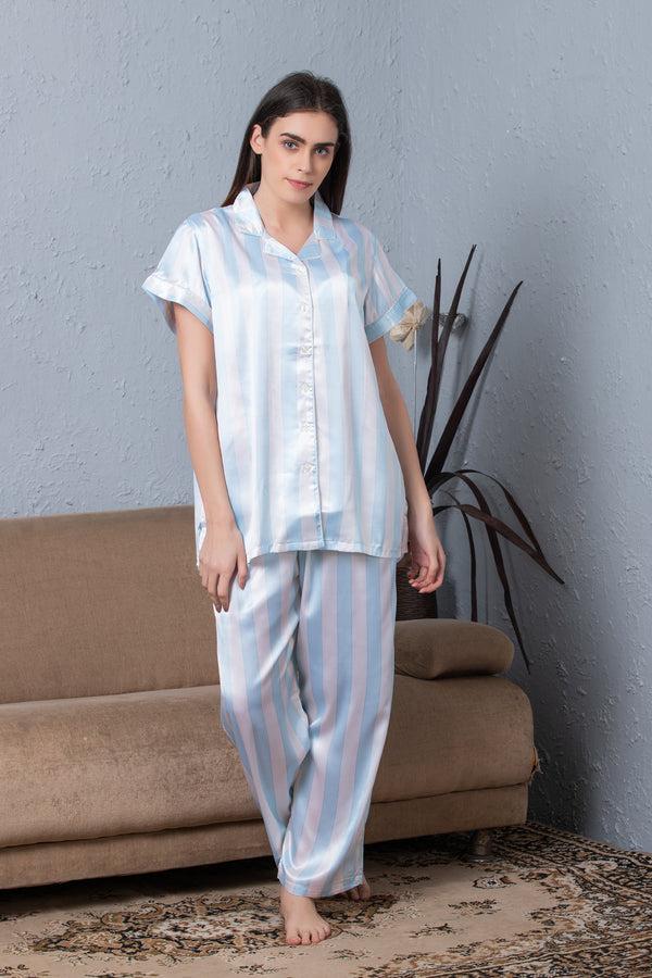 private lives Stripe satin Classic collar Night suit Sky Blue