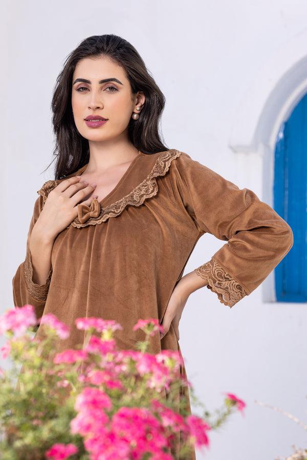 Private Lives Velvet Nighty With Lace Detail In Caramel