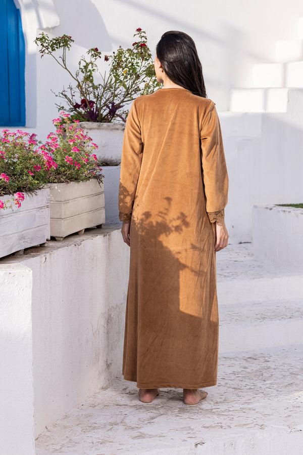 Private Lives Velvet Nighty With Lace Detail In Caramel