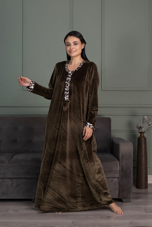 Private Lives Velvet Olive Green Nighty With Front Zip