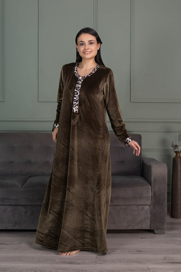 Private Lives Velvet Olive Green Nighty With Front Zip