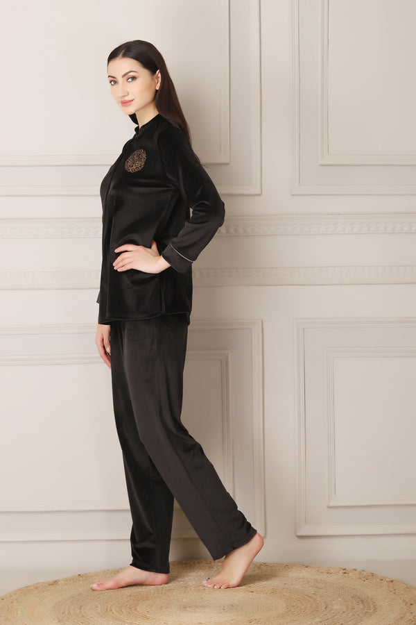 Private Lives Warm Night Suit In Super Soft Luxe Velvet Black