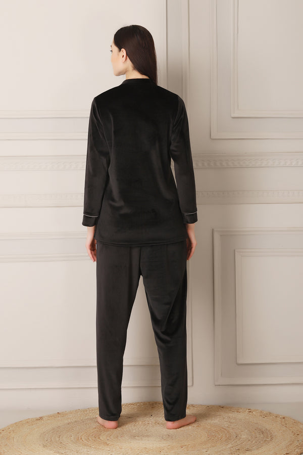 Private Lives Warm Night Suit In Super Soft Luxe Velvet Black