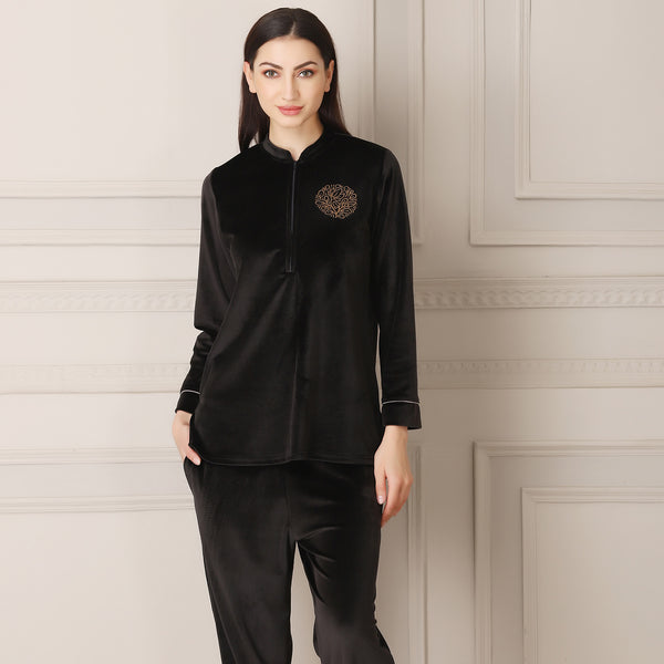 Private Lives Warm Night Suit In Super Soft Luxe Velvet Black