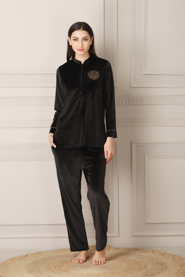 private lives Warm Night suit in Super soft luxe Velvet Black