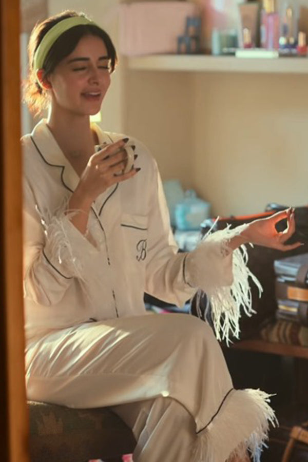 Private Lives White Ananya Pj Set In Satin With Fur Detail