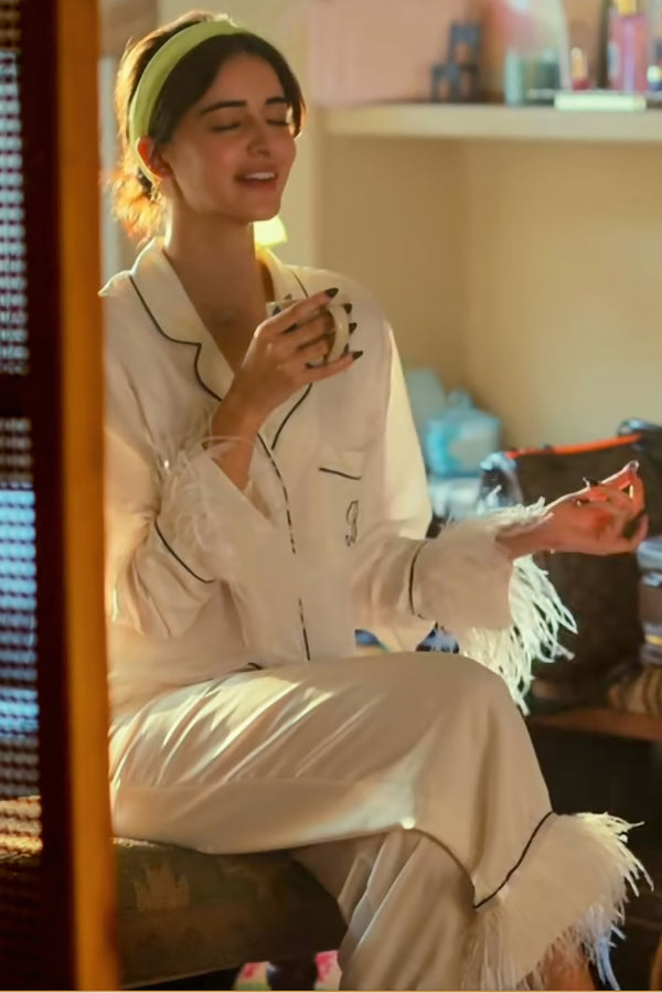 private lives White Ananya Pj Set In Satin With Fur Detail