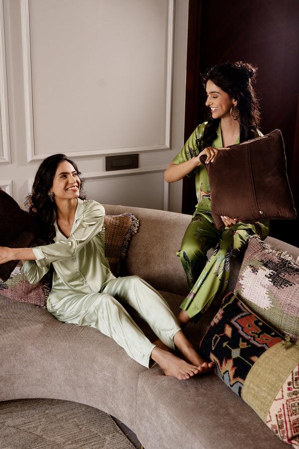 Private Lives Wild Slumber Mint Green Satin Night Suit Set