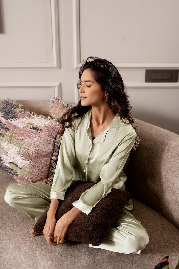 private lives Wild Slumber Mint Green Satin Night Suit Set