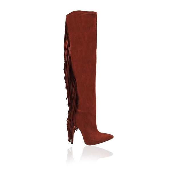 privileged by j.c. dossier Axelion Red Fringe Thigh-High Boot