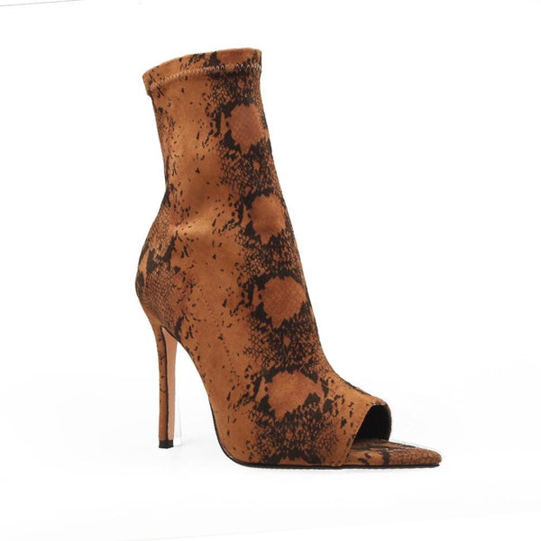 Privileged By J.c. Dossier Bevveyn Faux Snake Print Peep Toe Bootie