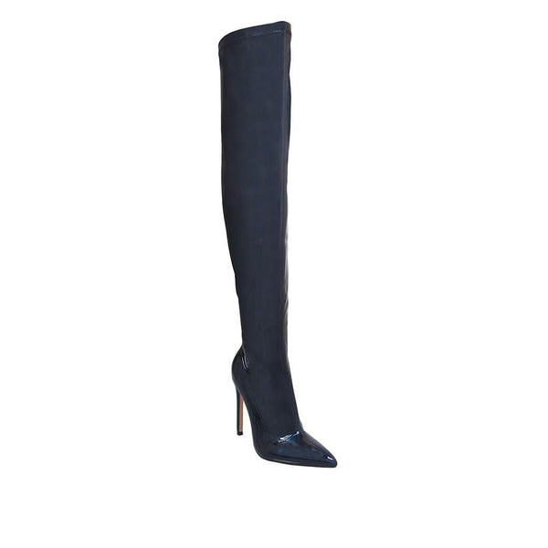Privileged By J.c. Dossier Black Feather Thigh High Boot