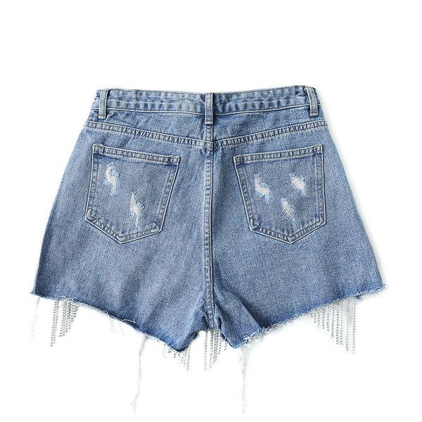 Privileged By J.c. Dossier Blakely Denim Shorts With Rhinestone Fringe