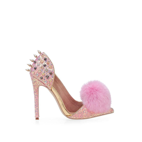 privileged by j.c. dossier Broadway Pink Glitter Heel with Fur Pom