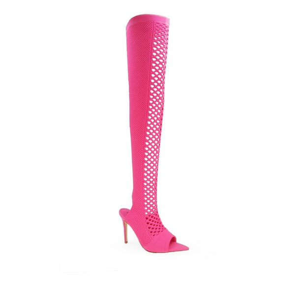 Privileged By J.c. Dossier Deannah Pink Fishnet Thigh-High Boot
