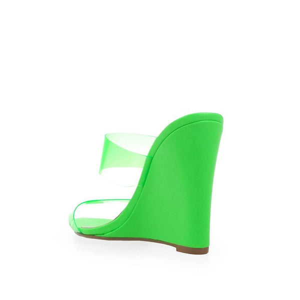 Privileged By J.c. Dossier Demille Neon Green Vinyl Wedges