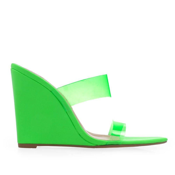 privileged by j.c. dossier Demille Neon Green Vinyl Wedges