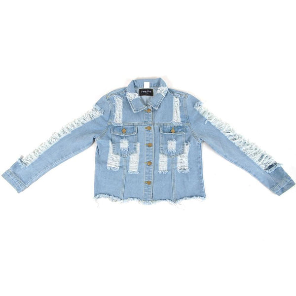 Privileged By J.c. Dossier Distressed Sleeve Denim Jacket Light Blue