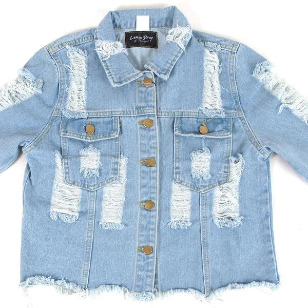 Privileged By J.c. Dossier Distressed Sleeve Denim Jacket Light Blue