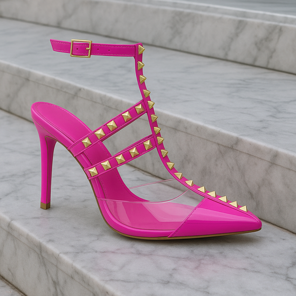 Privileged By J.c. Dossier Dorn Pink Studded Heel | Bold Fearless Pumps