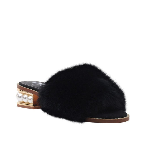 Privileged By J.c. Dossier Fentin Black Faux Fur Flat With Pearl Heel