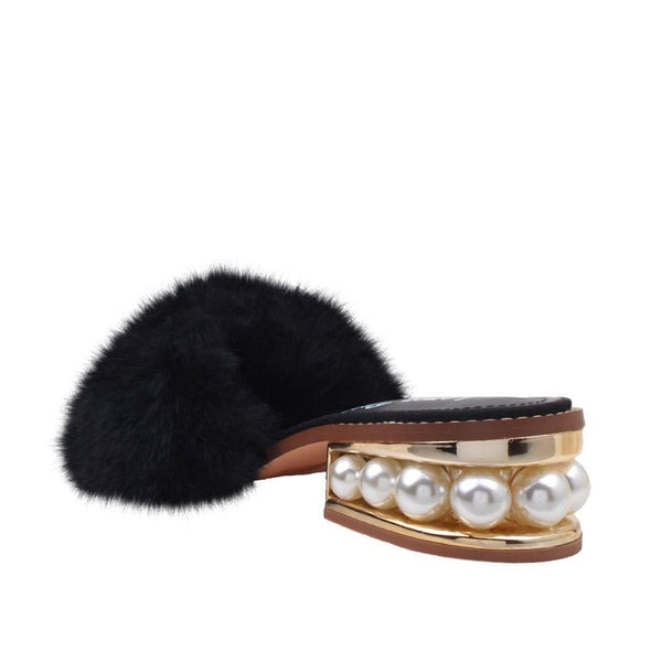 Privileged By J.c. Dossier Fentin Black Faux Fur Flat With Pearl Heel