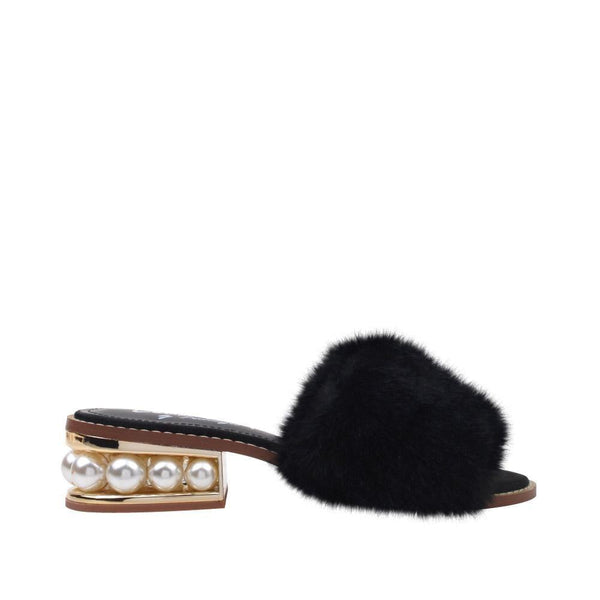 privileged by j.c. dossier Fentin Black Faux Fur Flat with Pearl Heel