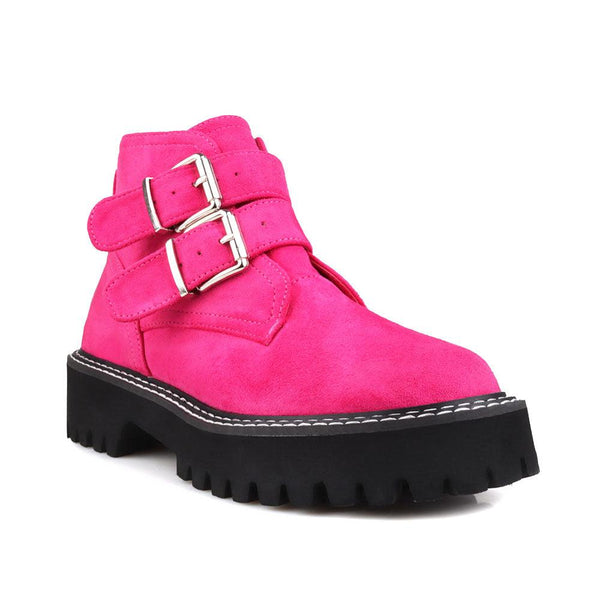 Privileged By J.c. Dossier Flippen Neon Pink Vegan Suede Bootie