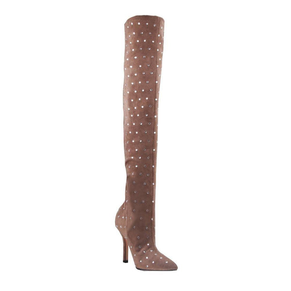 Privileged By J.c. Dossier Frerick Brown Crystal Embellished Over Knee Boot
