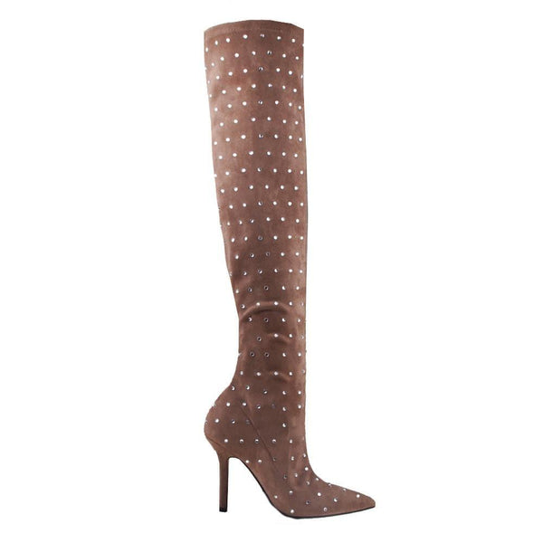 privileged by j.c. dossier Frerick Brown Crystal Embellished Over Knee Boot