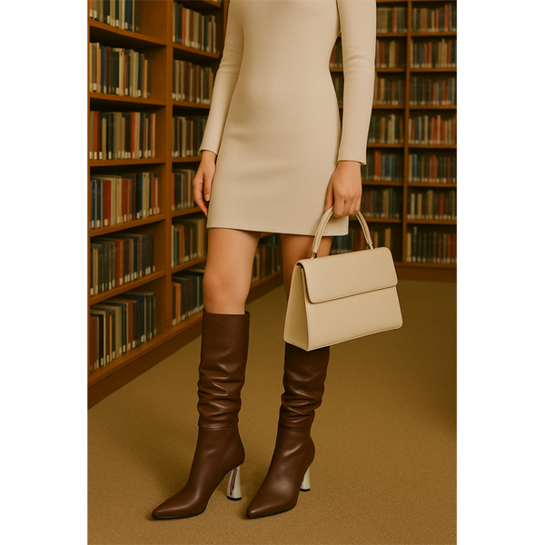 Privileged By J.c. Dossier Inaya Brown Vegan Leather Ruffle Heel Boots