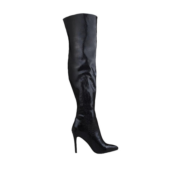 Privileged By J.c. Dossier Laboni Black Vegan Croc Over-the-Knee Boots