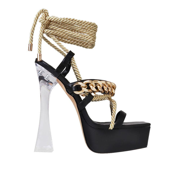 privileged by j.c. dossier Lady Black Platform Heels with Rope & Chain