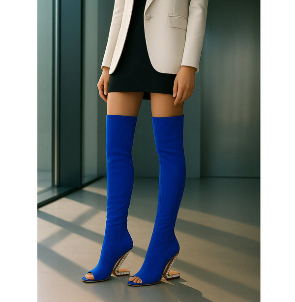 Privileged By J.c. Dossier Ludders Blue Geometric High Heel Knee Boots