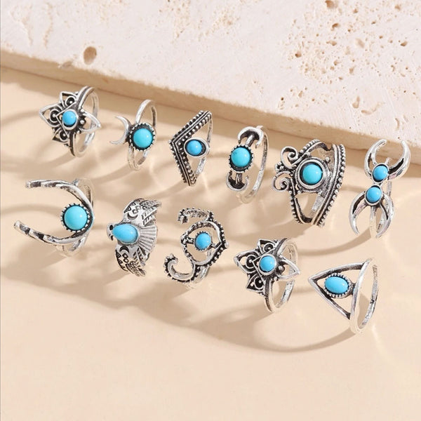 Privileged By J.c. Dossier Mayan Rings Set Silver & Turquoise