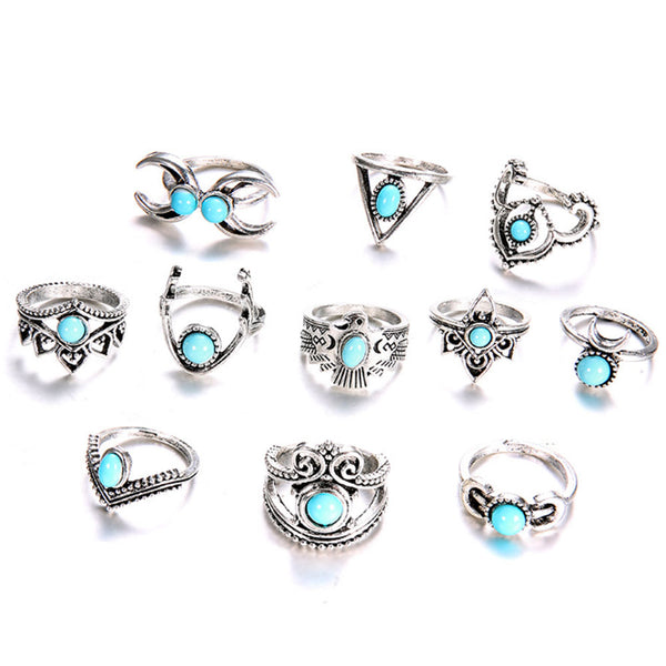 Privileged By J.c. Dossier Mayan Rings Set Silver & Turquoise